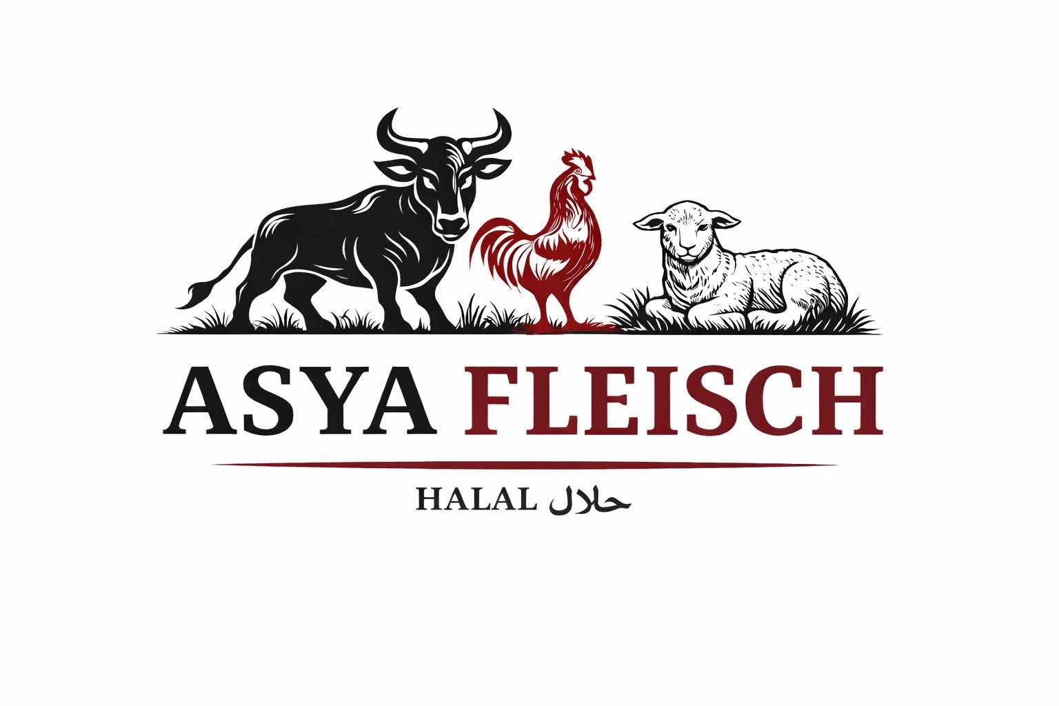 Asya Fleisch – Logo mit Stier, Hahn, Lamm und Halal-Siegel